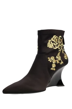 Natori Boots-Neko Satin Embroidery Wedge Ankle Boot