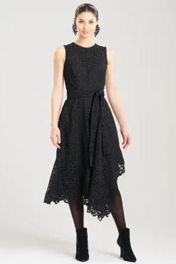 Natori Dresses-Scroll Lace Asymmetric Belted Dress