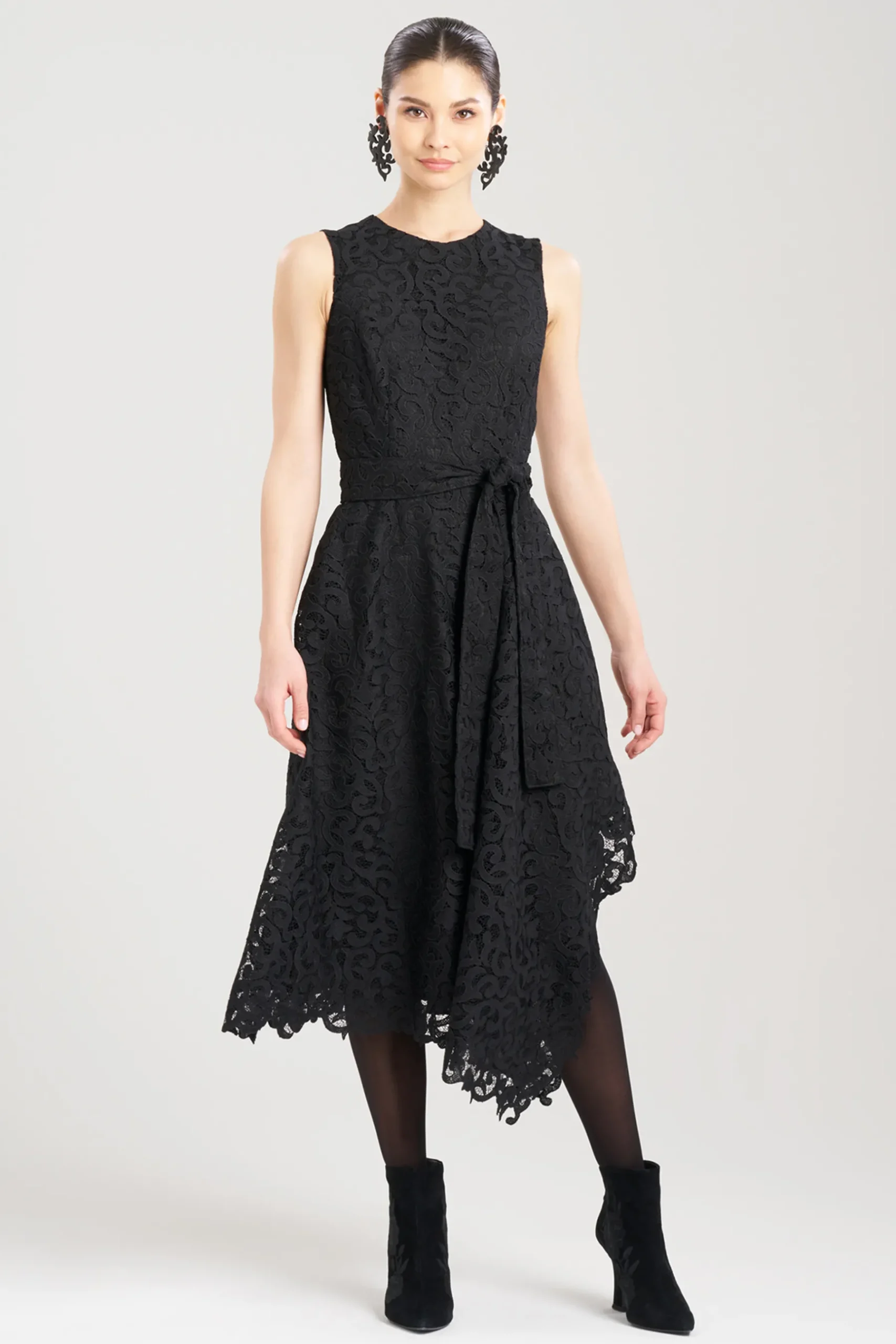Natori Dresses-Scroll Lace Asymmetric Belted Dress