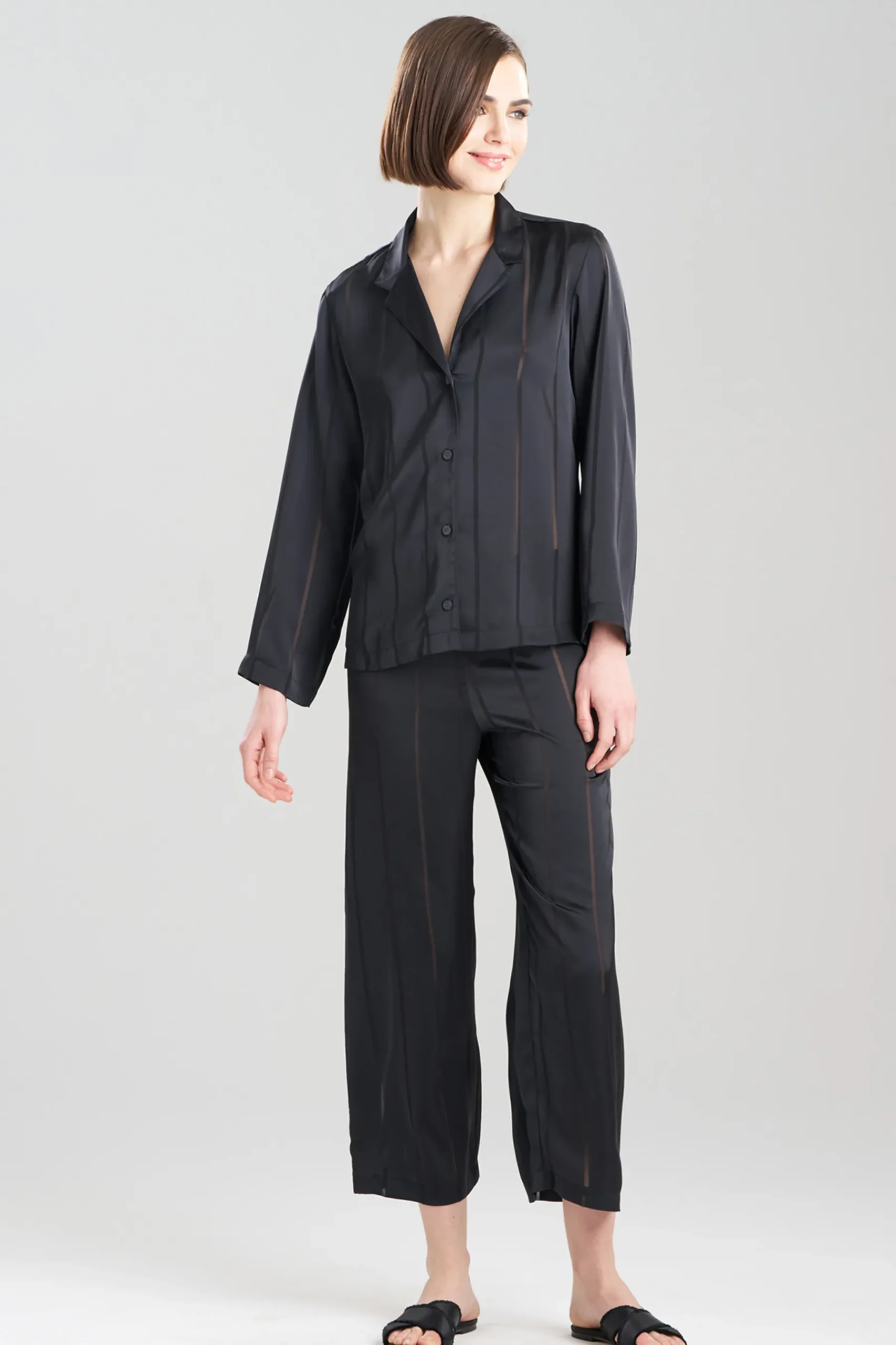 Natori Pajama Sets-Sheer Stripe Jacquard Notch PJ