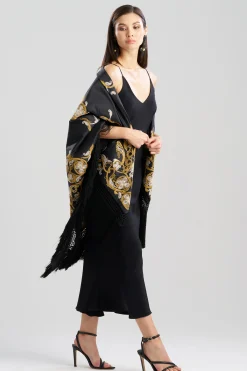 Natori Scarves & Shawls-Silk Dupioni Embroidered Silk Fringe Shawl