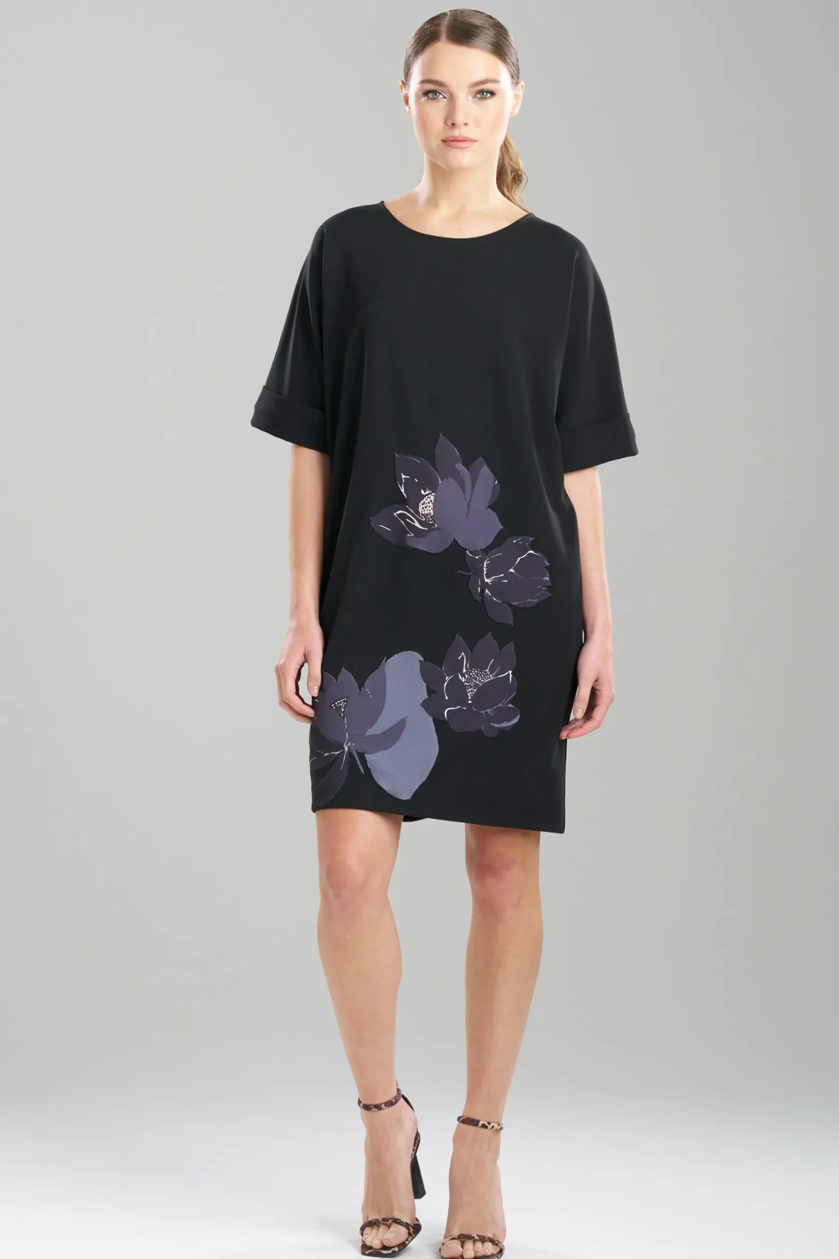 Natori Dresses-Solid Knit Crepe Embroidered T-Shirt Dress