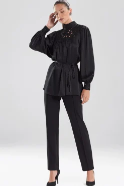 Natori Tops, Shirts & Tunics-Solid Silk Charm Tie-Front Embroidered Top