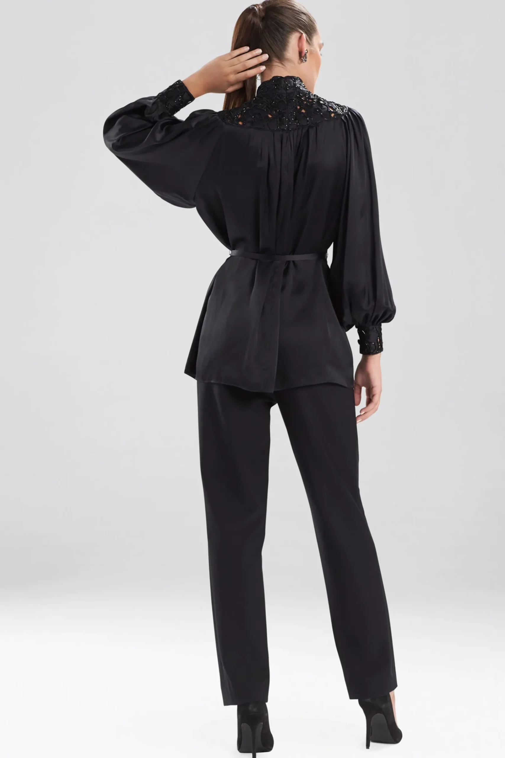 Natori Tops, Shirts & Tunics-Solid Silk Charm Tie-Front Embroidered Top