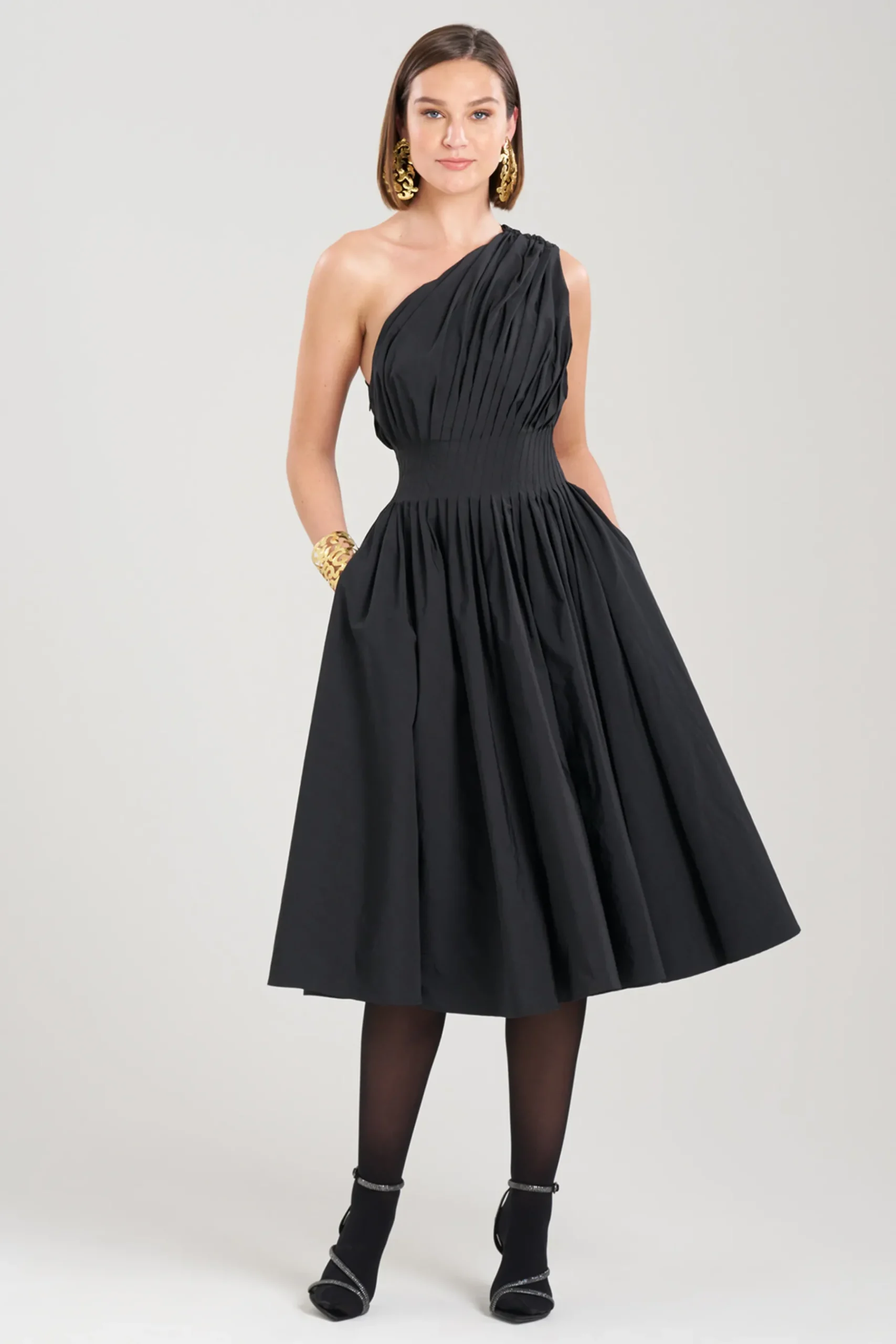 Natori Dresses|Wedding Guest Dresses-Taffeta One Shoulder Pleated Dress