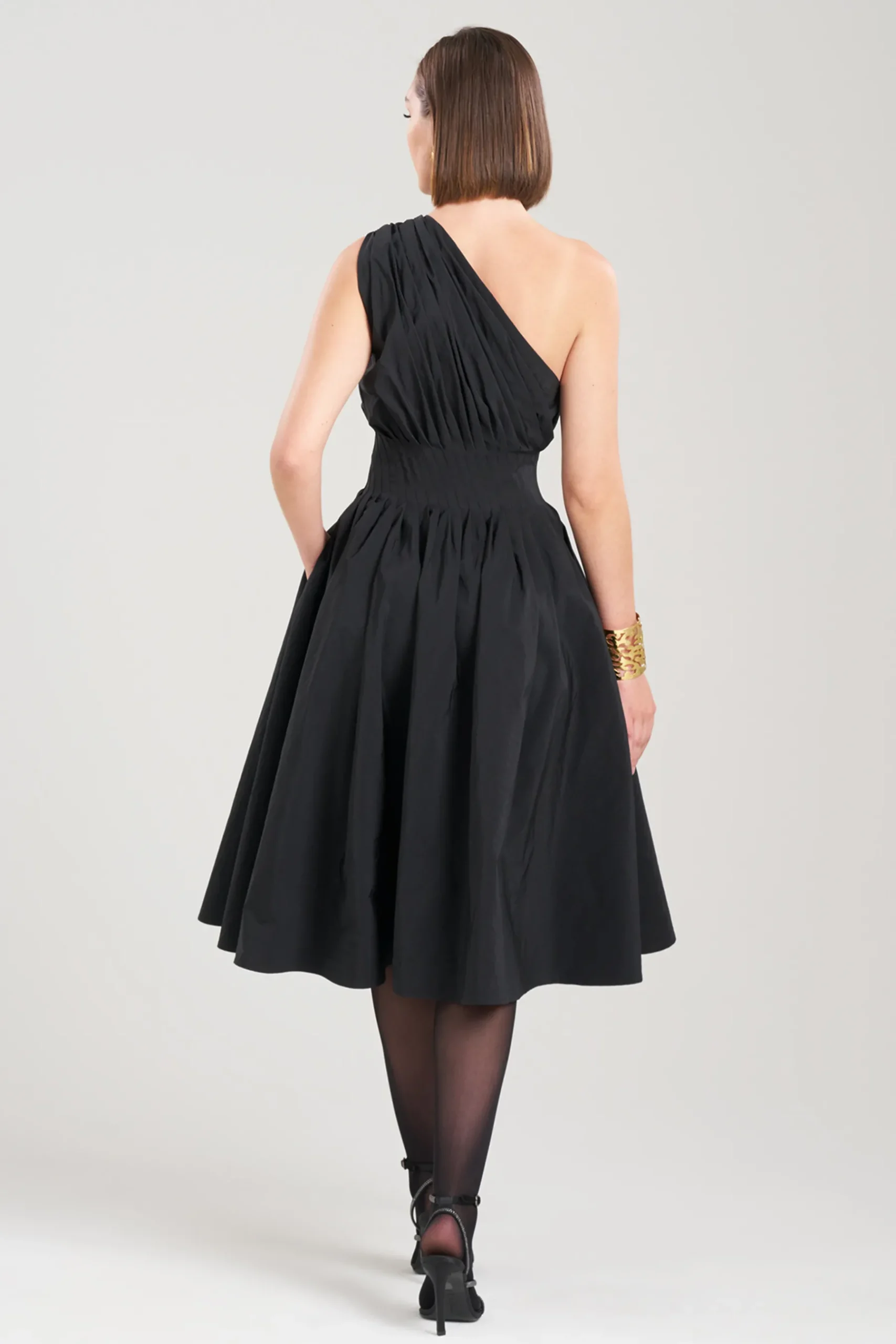 Natori Dresses|Wedding Guest Dresses-Taffeta One Shoulder Pleated Dress
