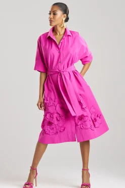 Natori Dresses|Plus Sizes-Tech Cotton Taffeta Embroidered Belted Dress