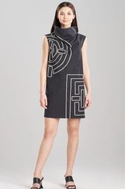 Natori Dresses-Tech Cotton Taffeta Embroidered Funnel Shift Dress