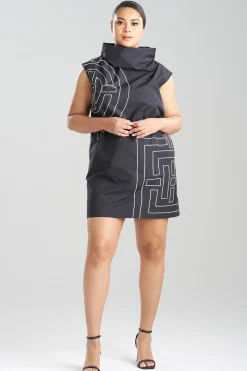 Natori Dresses-Tech Cotton Taffeta Embroidered Funnel Shift Dress