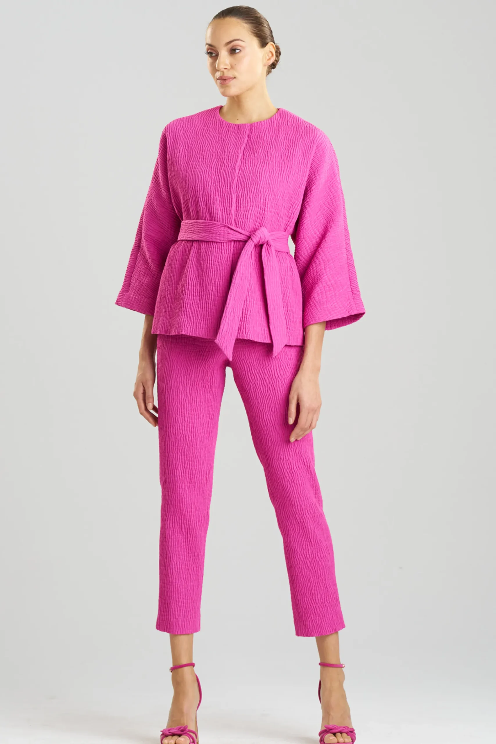 Natori Jackets & Outerwear-Textured Cotton Jacquard Belted Jacket