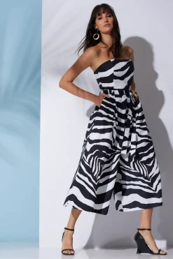 Natori Jumpsuits-Zebra Cotton Poplin Bustier Belted Palazzo Jumpsuit